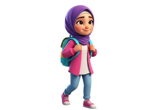 A cute young Muslim girl with a purple hijab, wearing a pink jacket and a backpack, walking happily, isolated on transparent background.
