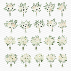 A collection of watercolor wedding bouquets featuring white anemones, cream roses, and green eucalyptus.