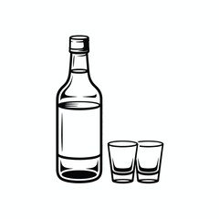 Hand drawn illustration of a clear glass bottle with two shot glasses