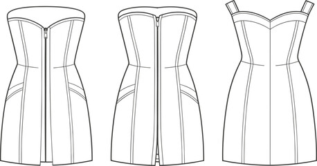 Technical dress illustration, strapless and strapped versions, fitted bodice, curved panel seams, front and back views, zipper closure detail, fashion sketch, apparel template layout.