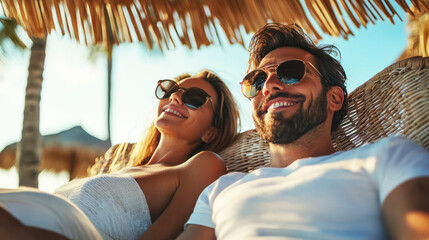 A couple relaxing in a private beach cabana on a luxury resort.