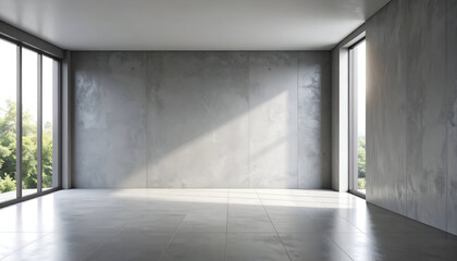 Obraz premium Modern daylight-lit room with textured grey wall and matte floor, bathed in sharp natural light