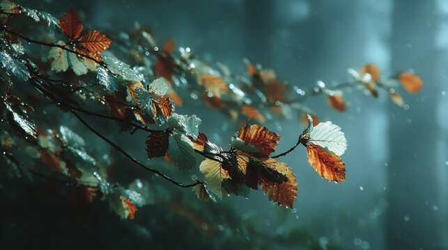 Autumn leaves glistening in the rain on a blurry background