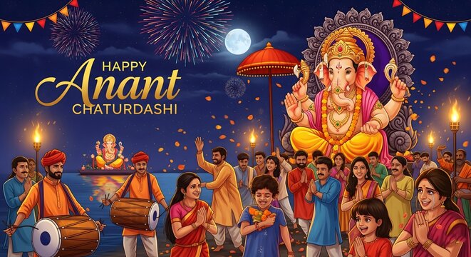 Vibrant celebration of anant chaturdashi with lord ganesha and festive crowd