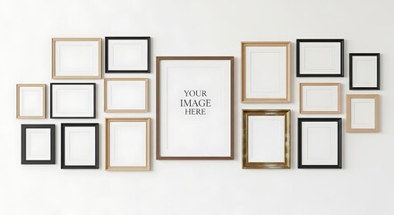 A gallery wall of various sized wooden and black frames hangs on a white wall, creating a minimalist yet stylish home decor arrangement.