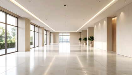 Expansive High-Ceiling Minimalist Modern Hallway with Ambient Lighting and Polished Concrete Floors