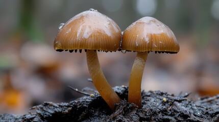 Close-up view of two small forest fungi.