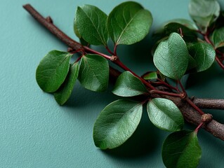 Green Leaves on Branch Against Teal Background.