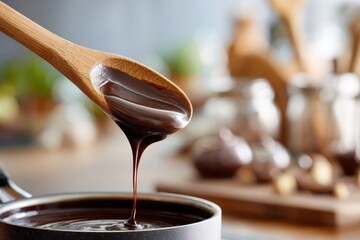 Melted chocolate dripping from spoon in kitchen