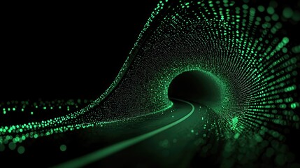 Abstract digital tunnel with glowing green particles.
