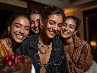 Group of Smiling Women Celebrating with Cake.