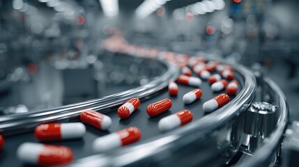 Automated Pharmaceutical Production Line with Conveyor Belts Carrying Pill Bottles, Surrounded by Stainless Steel Machinery in an Industrial Sterile Environment for Medical and Manufacturing Use
