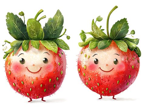 Playful cartoon strawberries with smiling faces colorful background digital art whimsical environment creative concept
