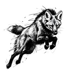 sketch of a Brazilian maned wolf lobo-guará in a powerful mid-air leap, charcoal drawing, scribbled lines, drawing, illustration, dangerous, scary, 