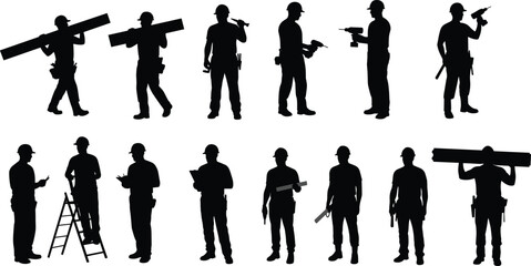 Construction worker silhouettes with tools, labor poses, teamwork concept, industrial jobsite icons, contractor equipment, carpenter handyman black vector set