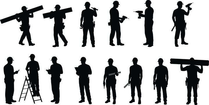 Construction worker silhouettes with tools, labor poses, teamwork concept, industrial jobsite icons, contractor equipment, carpenter handyman black vector set