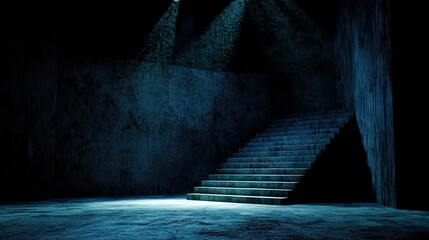 Mysterious interior scene with stone stairs and dramatic lighting.