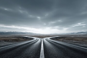 Naklejka premium Two roads diverge in a vast, desolate landscape under a stormy sky