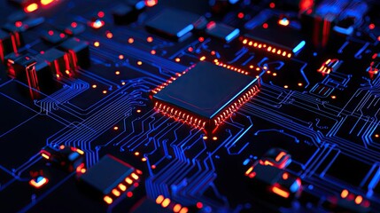 Close-up view of a circuit board with illuminated components.