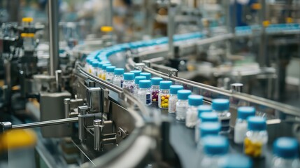 Naklejka premium Automated Pharmaceutical Production Line with Conveyor Belts Carrying Pill Bottles, Surrounded by Stainless Steel Machinery in an Industrial Sterile Environment for Medical and Manufacturing Use 