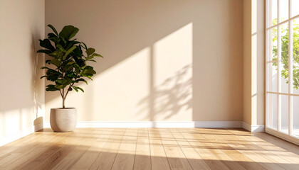 Warm sunlit entry corner features an empty beige wall and elegant walnut wooden floor, with captivating shadows of leaves, creating a peaceful minimalist interior.