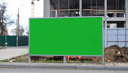 Blank green billboard beside construction site