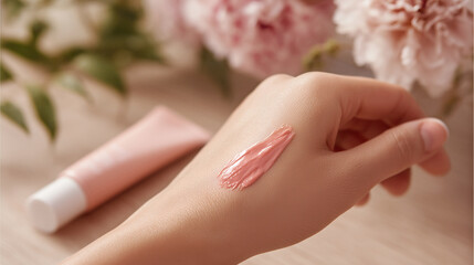 Fototapeta premium A dollop of creamy, rose-colored blush is shown partially blended on the back of a hand, demonstrating its smooth and blendable texture. A blank, simple blush tube is blurred in the background.