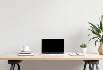 A minimalist workspace with a laptop, plants, and a cup of coffee.