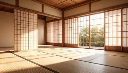 Serene Japanese Room with Tatami Flooring and Shoji Screen Shadows, Bathed in Warm, Indirect Light