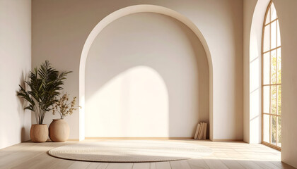 A tranquil and empty room with a graceful arched wall nook, bathed in warm sunlight from a large window, creating a serene interior design mockup.