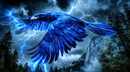 Blue eagle soaring in storm