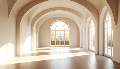Fototapeta premium Elegant Empty Living Space with Arched Windows and Sunlight