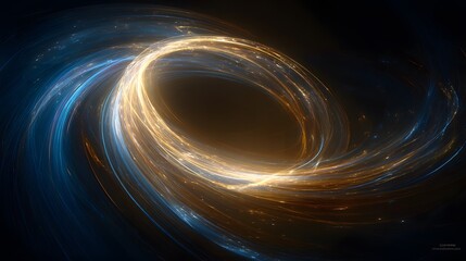 Swirling digital abstraction of golden light and blue trails, modern and vibrant on dark