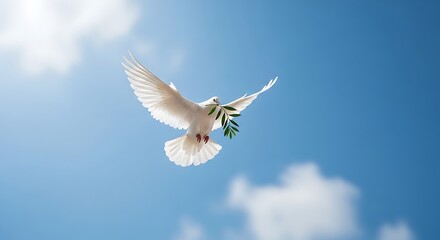 Obraz premium White dove flying in the blue sky carrying an olive branch as a symbol of peace and freedom