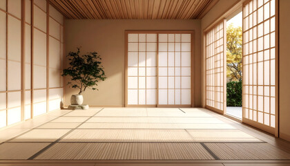 An empty zen-style room with traditional tatami mats and shoji sliding doors, bathed in soft morning sunlight.