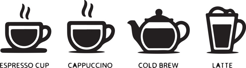 Obraz premium Modern Café Beverage Vector Icons Bold Flat Espresso, Cappuccino, Teapot, Cold Brew Glass, Latte Mug Silhouette Set