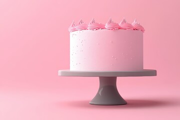 Pink cake on a gray stand against a pink background.