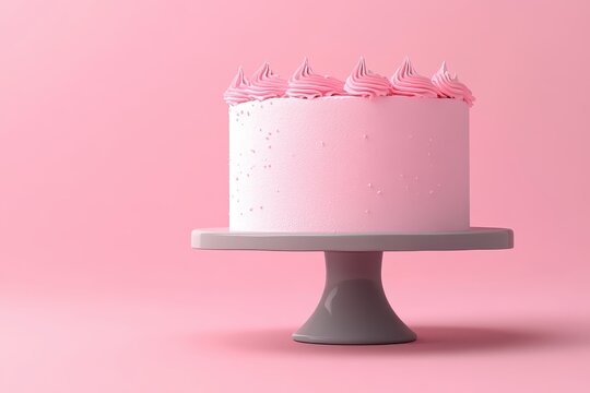 Pink cake on a gray stand against a pink background.