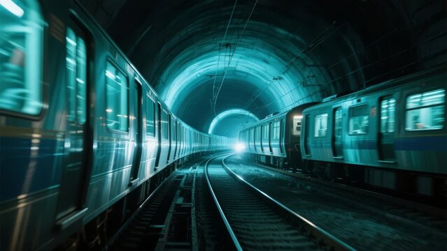 Two trains approaching each other in a dimly lit subway tunnel