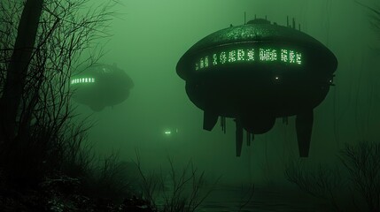 Mysterious flying objects in a fog-shrouded forest.