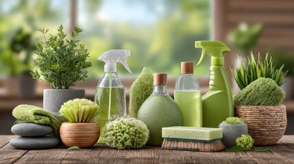 Assorted green cleaning supplies on a wooden surface