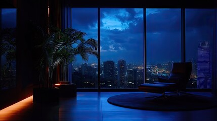 Dark modern apartment interior with city view at night.