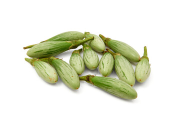 Fresh Long Green Eggplants Arranged on a White Surface Showcasing Their Unique Striped Appearance and Organic Freshness