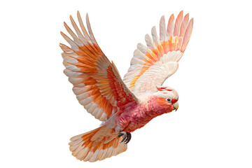 Obraz premium Flying pink and orange cockatoo with spread wings, isolated on transparent background.