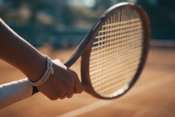 Close-up of hand holding tennis racket on court