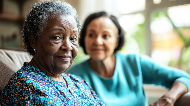 A home caregiver brushing the hair of an elderly woman with a warm, comforting expression.