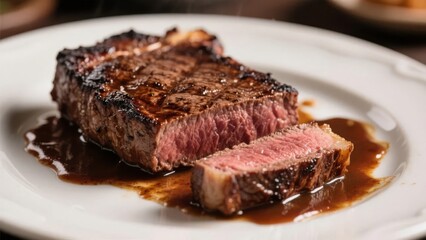 Grilled Steak with Juicy Interior Served on a White Plate