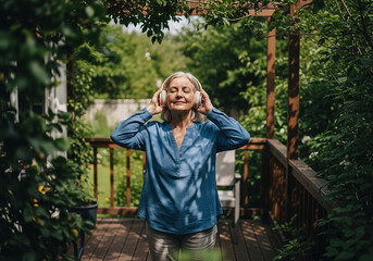 Senior woman enjoying music with headphones on a sunny day