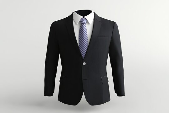 Black suit with striped tie displayed against a plain background.
