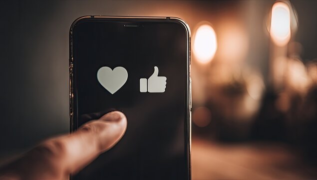 Smartphone displaying like and thumb-up icons, touched by a finger - Powered by Adobe